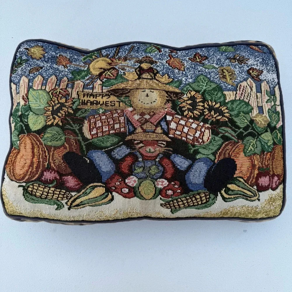 Happy‎ harvest Tapestry Throw Pillow Scarecrow Sunflowers Checkered Back Country